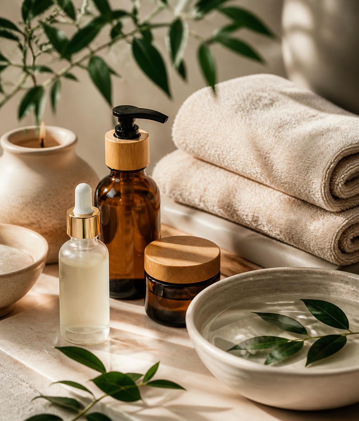 Natural botanical skincare products and soft towels for facials at Fatimas Beauty Spa in Mbabane