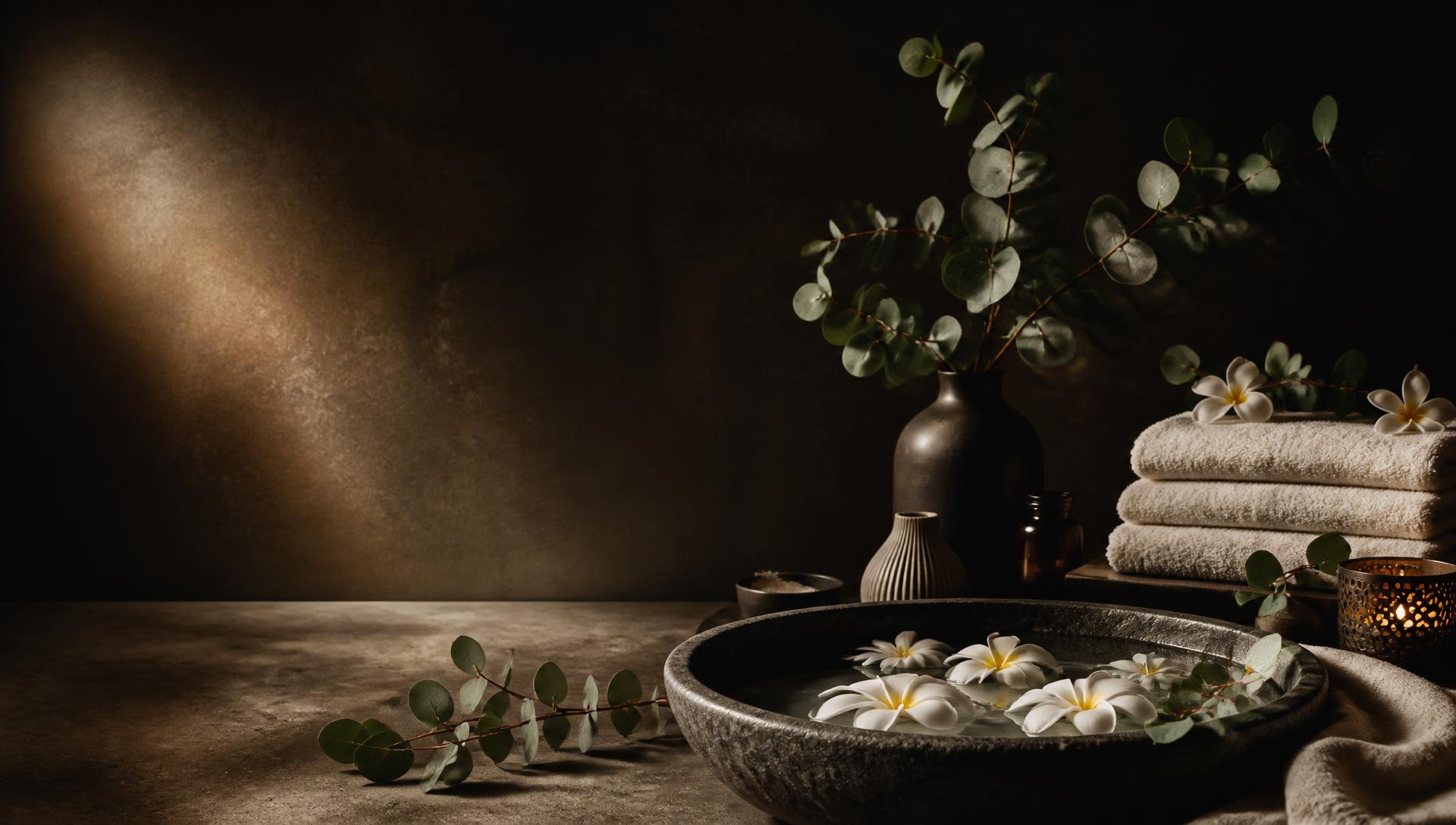 Stone bowl with floating frangipani flowers, eucalyptus and folded towels at Fatimas Beauty Spa