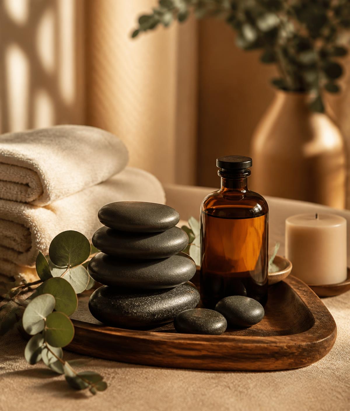 Hot stones, massage oil and folded towels in a warm treatment room — massage in Mbabane