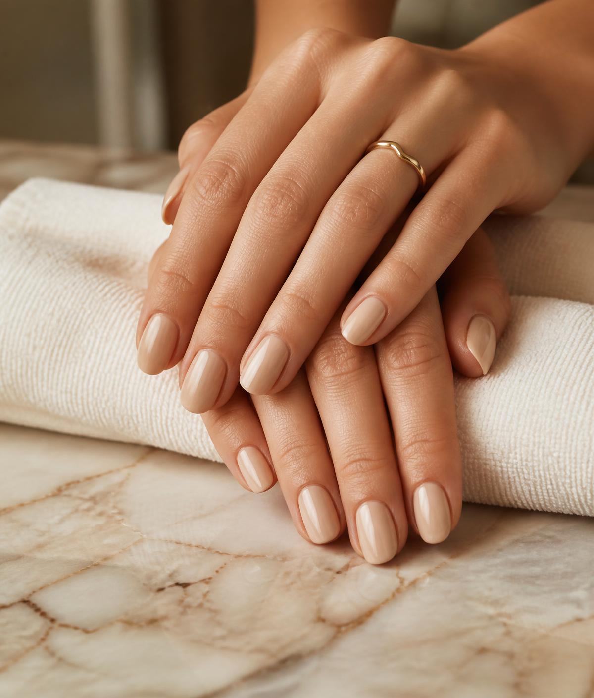 Elegant manicured hands with neutral polish on marble — nails in Mbabane at Fatimas Beauty Spa