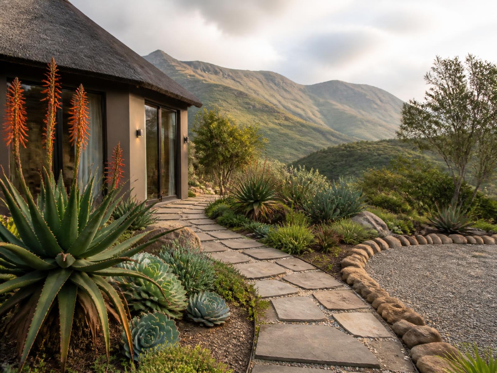 Garden with aloe plants and highland scenery surrounding Fatimas Beauty Spa in Mbabane