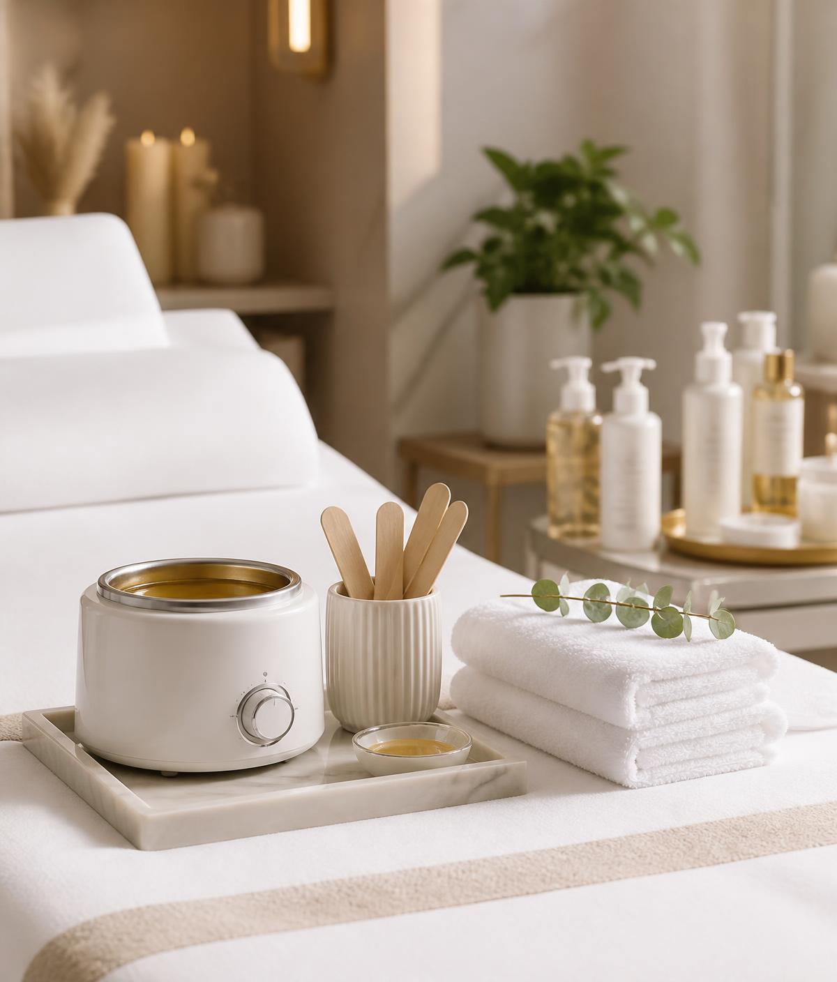 Professional waxing setup with towels and skincare products in a clean beauty studio in Mbabane